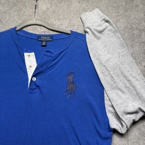 Polo Ralph Lauren Youth Henley Shirt Blue Gray Size‎ 14/16 Big Pony Athletic Fit